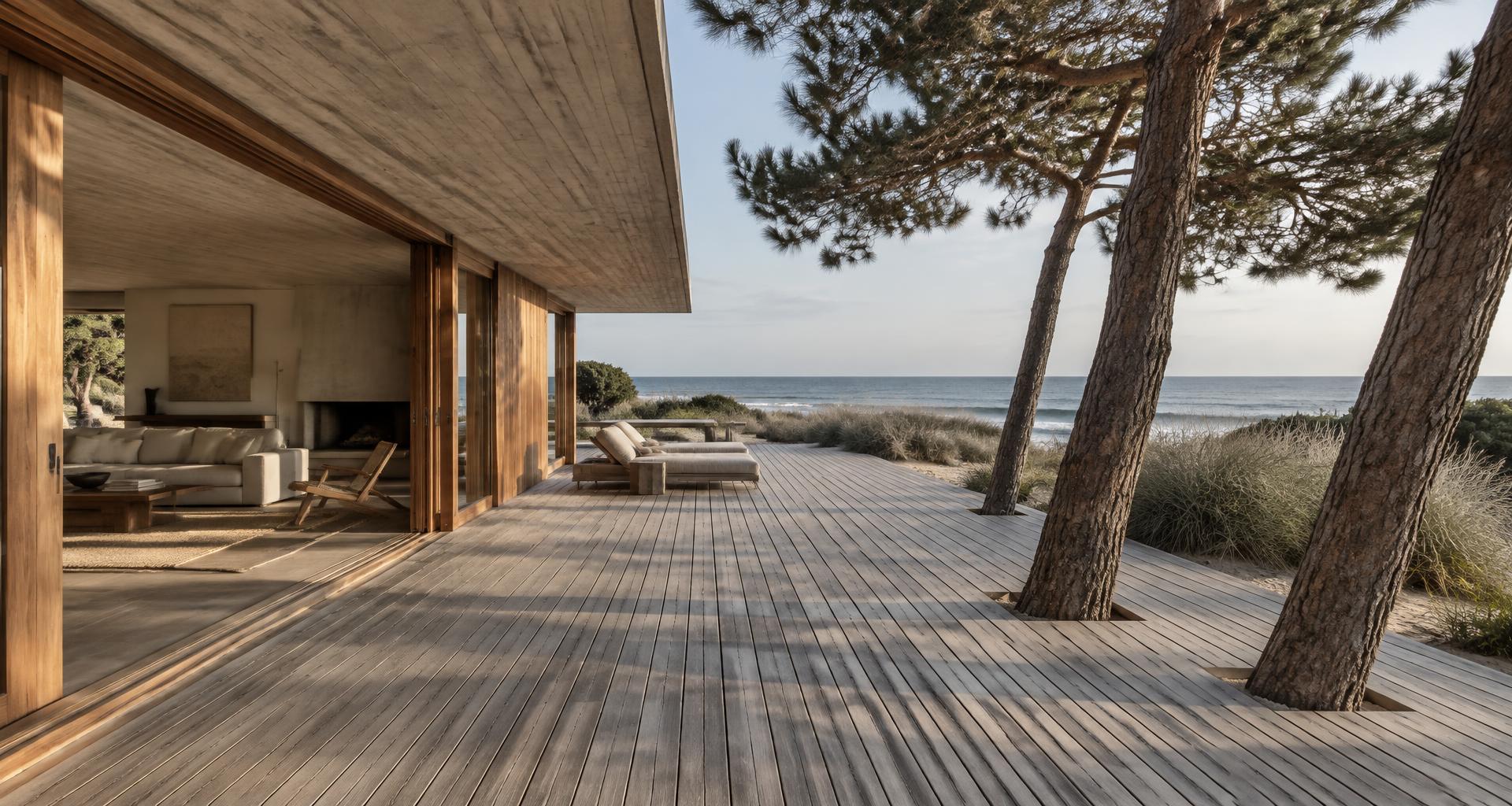 Galería de hormigón y deck de madera entre pinos, frente al océano